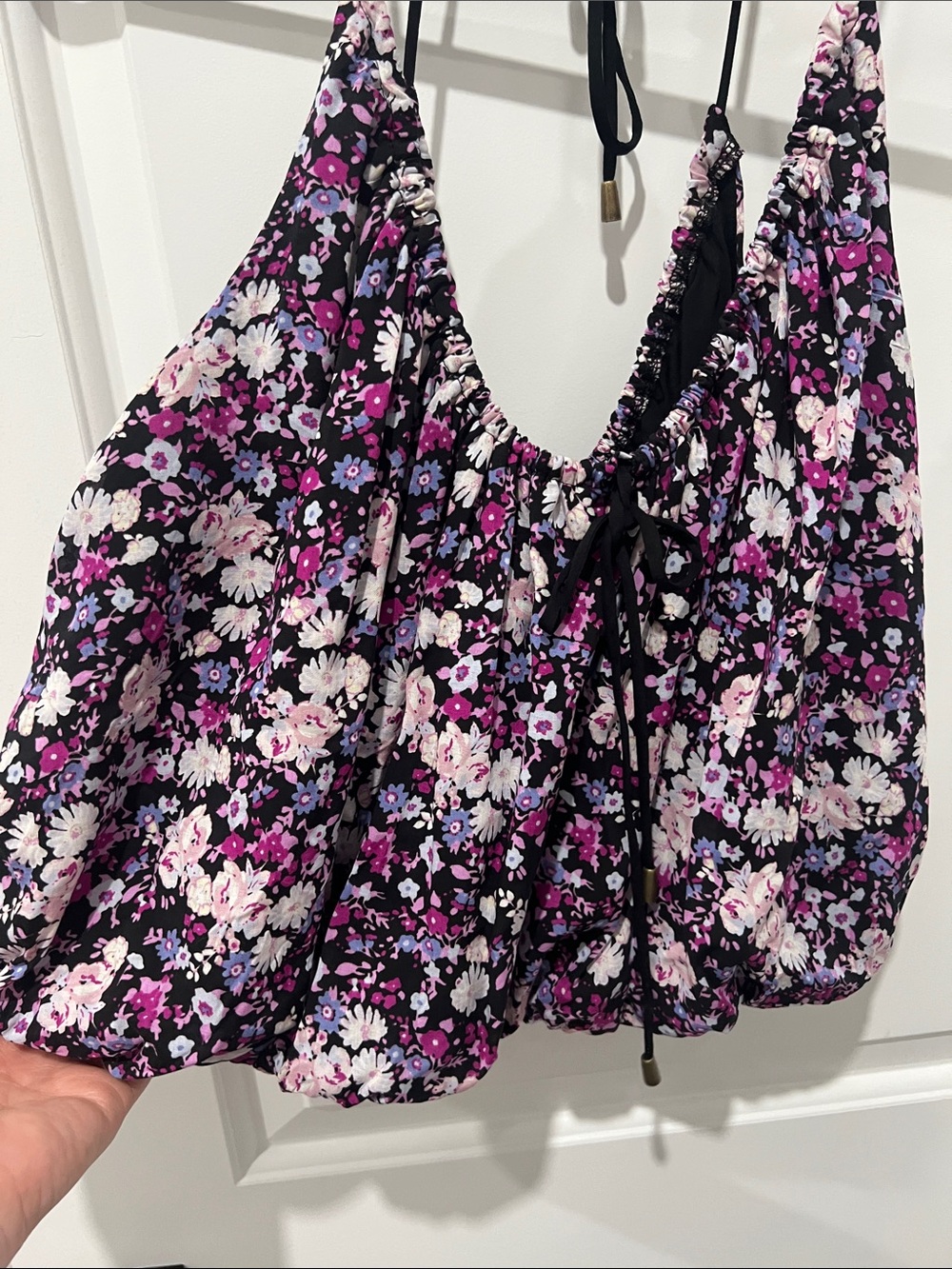 Free People Black & Purple Floral Bubble Crop Top Size Small - Picture 2 of 6
